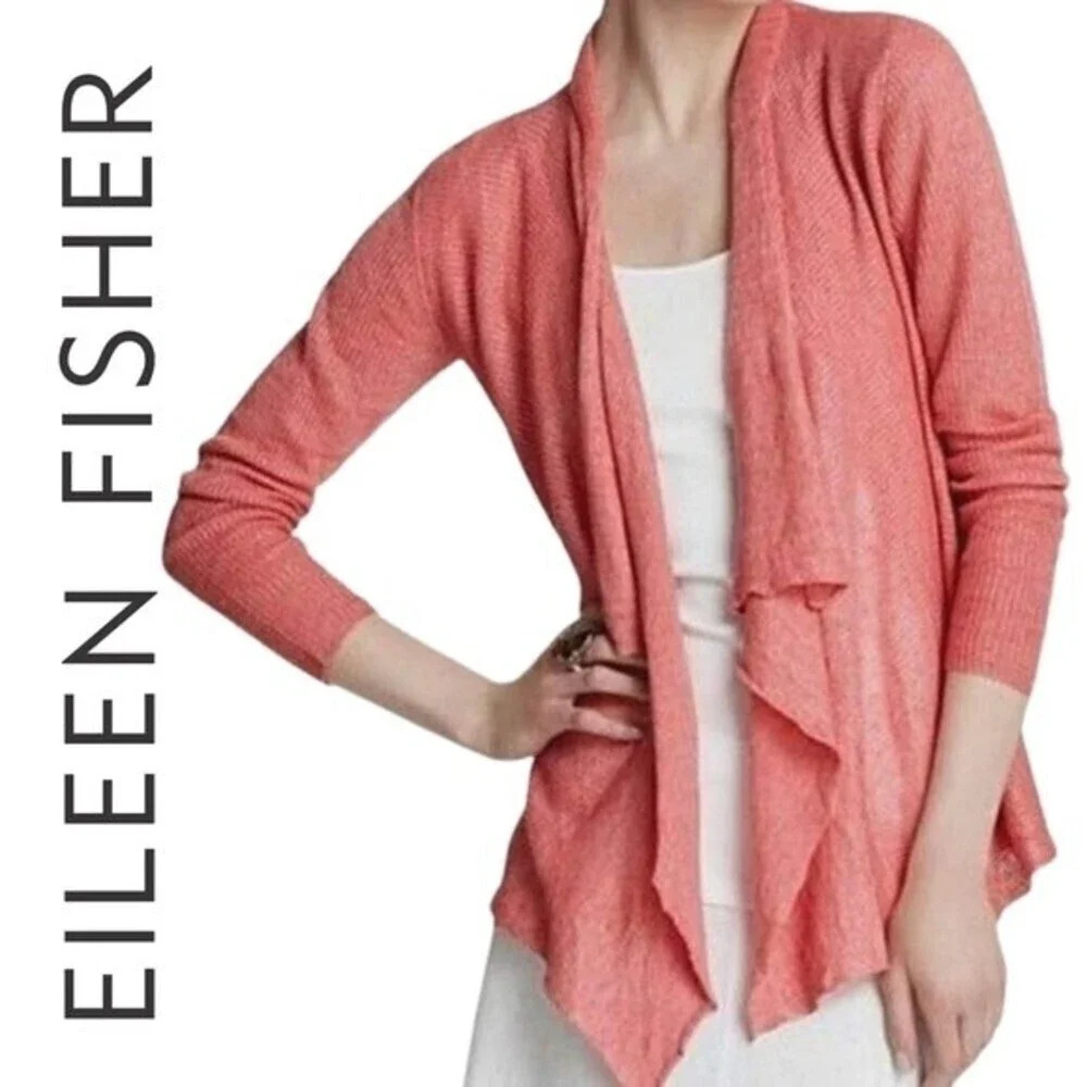 Eileen Fisher, Cascading Cardigan, Open Front, Linen, Coral